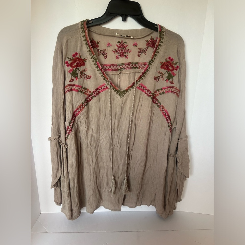 Umgee Beige Tunic with Pink Embroidery
